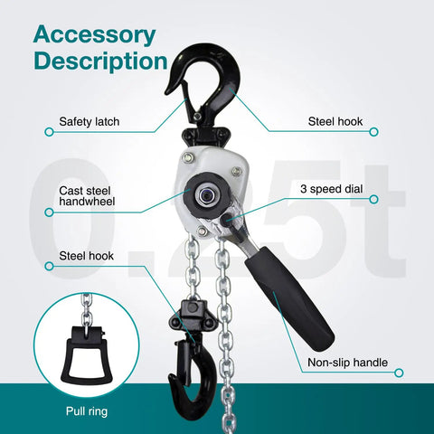 Compact Manual Chain Hoist One Quarter Ton 550 Lb Capacity With 5 Ft Lift Come Along For Small Machines Engines And Equipment, Handy Portable Hand Lifter For Tight Spaces And Field Work. Steel hook, safety latch and handwheel