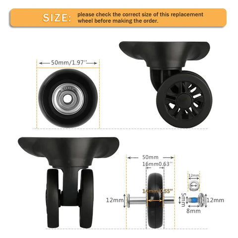 Replacement Luggage Wheel Set With Eight Rubber Swivel Caster Wheels 1.97 By 0.55 Inches 50 By 14 Millimeters Side View
