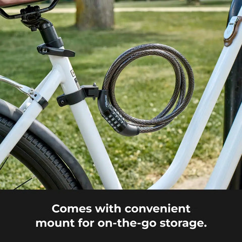 Set Your Own Four Digit Combination Bike Lock With Braided Steel Cable Mounted on White Bicycle Frame for On-the-Go Storage