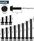 Beefy M10 Flanged Washer Head Hex Bolts 35mm Long Full Thread Set Of 10 10.9 Grade Alloy Steel Black Oxide Finish GB5789 Hex Drive 15mm Extra Large Washer Head Heavy Duty Screws, with size comparison chart showing different lengths.