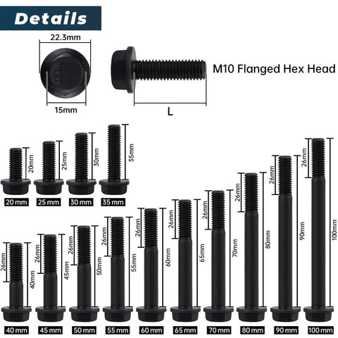 Beefy M10 Flanged Washer Head Hex Bolts 35mm Long Full Thread Set Of 10 10.9 Grade Alloy Steel Black Oxide Finish GB5789 Hex Drive 15mm Extra Large Washer Head Heavy Duty Screws, with size comparison chart showing different lengths.