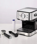 Household Semi Automatic Espresso Machine With Twenty Bar Pressure Built To Hit The Spot And Brew Perfect Cappuccino Latte Milk Foam Drinks Daily At Home on countertop with accessories