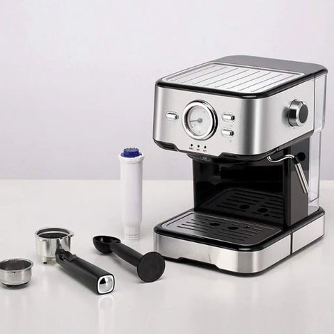 Household Semi Automatic Espresso Machine With Twenty Bar Pressure Built To Hit The Spot And Brew Perfect Cappuccino Latte Milk Foam Drinks Daily At Home on countertop with accessories
