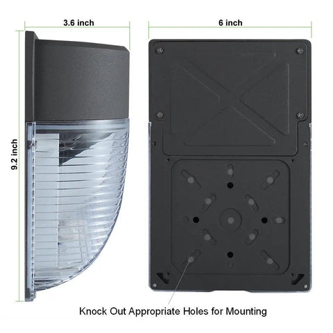 Two Pack 26W LED Wall Pack Light Outdoor Dusk To Dawn Photocell Auto On Off 3000 Lumens showing dimensions and mounting back