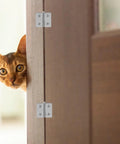 Heavy Duty Stainless Steel Glass Door Hinges 2 Pack Adjustable Cabinet Hinges For Display Cases And Wine Cabinets No Drill Double Sided Interior Door Hardware Smooth Quiet Operation installed on wooden door with a cat peeking through.