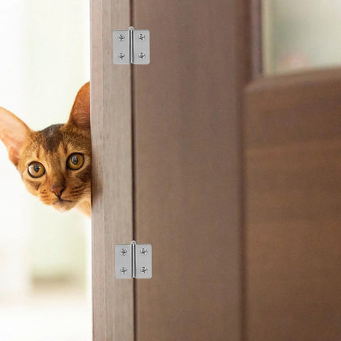 Heavy Duty Stainless Steel Glass Door Hinges 2 Pack Adjustable Cabinet Hinges For Display Cases And Wine Cabinets No Drill Double Sided Interior Door Hardware Smooth Quiet Operation installed on wooden door with a cat peeking through.