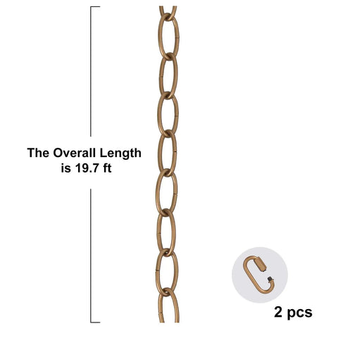 Antique Gold Lighting Chain For High Ceilings 19.7 Ft Heavy Duty Chandelier Pendant Extension with 2 connection locks, 19.7 ft length shown