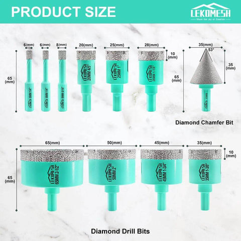 LEKOMESH 11-piece diamond core drill bit set for tile with turquoise handles and assorted hole saw sizes (6-65 mm)