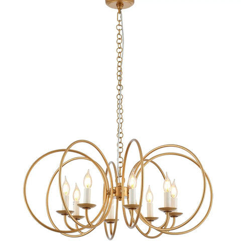 Modern Chandelier With Antique Brass Brush Finish And Geometric Shade, 8 Gold Ring Pendant Light Fixture For Dining Room, Living Room, Kitchen Island And Bedroom, Totally Sleek Industrial 8-Light showing lit candles