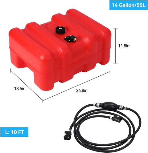 12 Gallon Portable Marine Gas Tank With Fuel Line And Universal Adapter HDPE Leak Proof Design Built In Fuel Gauge For Fishing Boat Yacht And Generator, red container with dimensions and black fuel line