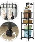 Super Tough As Nails Five Tier Rolling Shelving Unit Heavy Duty Storage Rack with hooks and various storage baskets.