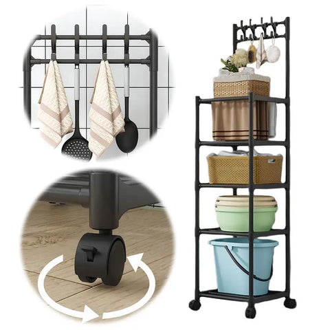 Super Tough As Nails Five Tier Rolling Shelving Unit Heavy Duty Storage Rack with hooks and various storage baskets.
