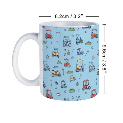 Heavy Duty Ceramic Travel Coffee Mug Featuring A Stylish Golf Cart Design Perfect For Grabbing Your Daily Grind In The Kitchen Or Office Solid Build Tea Cup For Smooth Sips, 9.6cm tall, with colorful golf cart pattern.