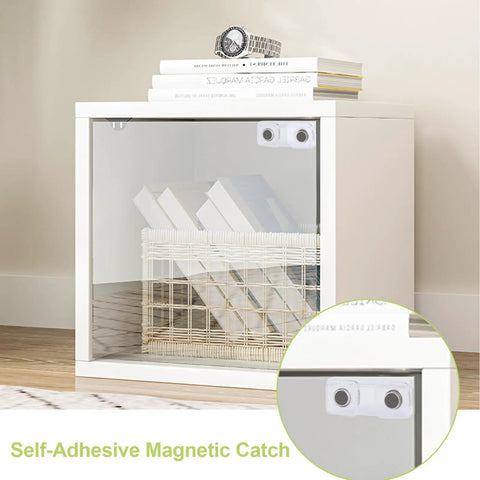 16 Set Double Magnetic Door Latches Self Adhesive L Shaped Acrylic Door Closures on a glass cabinet door with books