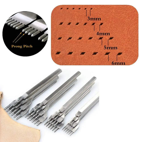 Leather Stitching Punch Set With Diamond Chisel Tools, White Steel Durability For Leather Craft DIY, Includes 1, 2, 4, And 6 Prongs, 4mm Spacing Pro Grade Great For DIY Projects