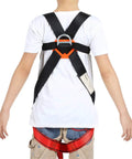 Back view of Kids Full Body Safety Harness For Outdoor Adventures Built Tough For Tree Climbing Zipline Caving And Rappelling Fun Training With Durable Polyester Webbing And Easy Adjustable Straps.