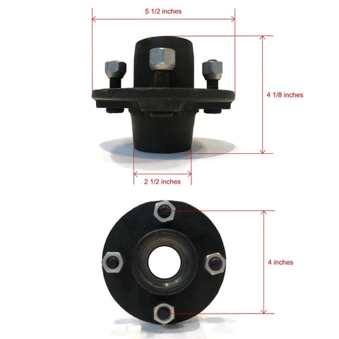 Four Pack Trailer Axle Kits With Four On Four Inch Bolt Idler Hub And One And A Quarter Inch Round BT8 Spindle For 1250 Pound Hub Capacity On 2000 Pound Axle Ready To Install. Front and side view with measurements.