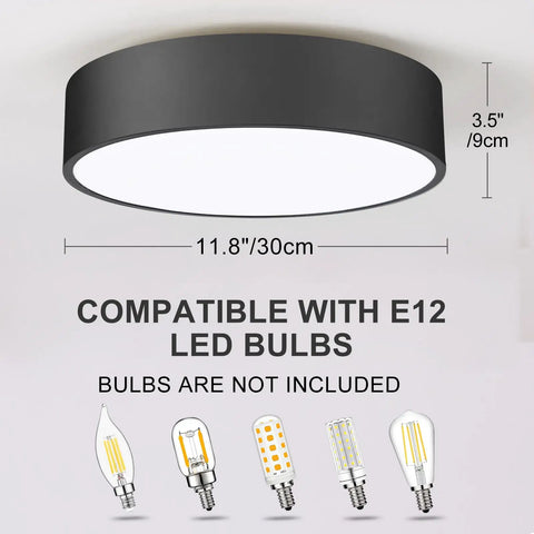 Two Light Flush Mount Ceiling Light With Slick Matte Black Frame And White Acrylic Shade, 11.8 Inch, bulb compatibility shown