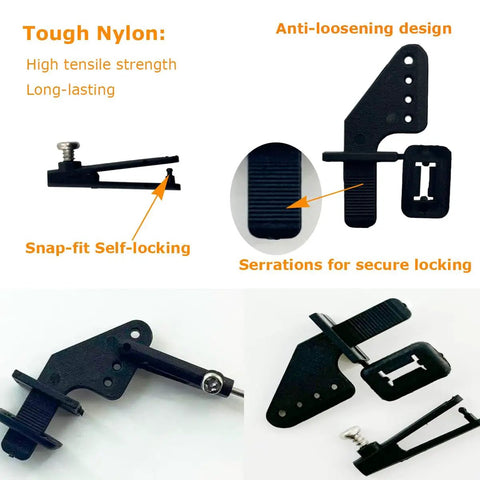 Dope RC Plane Upgrade Kit 30 Pcs showing nylon control horns with anti-loosening design and snap-fit self-locking features.
