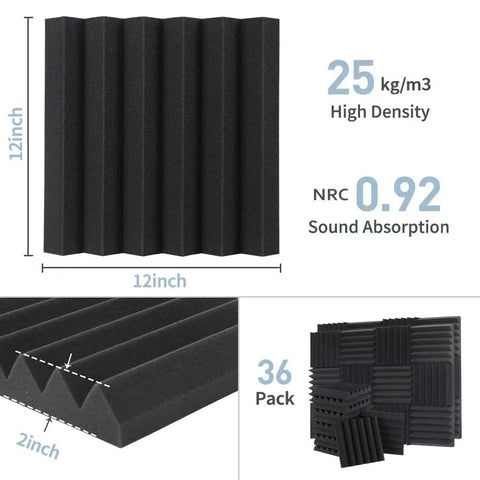 Heavy Duty Acoustic Foam Panels 36 Pack Sound Proof Wedges 12x12x2 high density foam with NRC 0.92 for sound absorption.