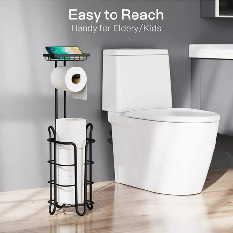 Black Free Standing Toilet Paper Holder With Shelf 2 Pack Dope Bathroom Storage Stand Holds One Roll On Arm And Two To Three Extra Rolls On Vertical Spindle beside toilet.
