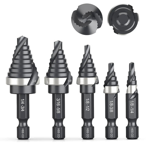 M35 Cobalt Spiral Flute Step Drill Bit Set Five Piece Range 1/8 To 3/4 Inch With 1/4 Inch Shank HSS Step Bits for metal and wood