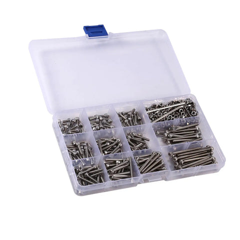 Solid 440 Piece Metric M3 Machine Screw Assortment Kit 304 Stainless With Hex Heads Two Hex Keys Ideal For Machinery Electronics Repair Needing Rust Proof Fasteners That Stay Secure Stop Loosening For Pros And DIYers Keep Gear Tight On Project in storage case