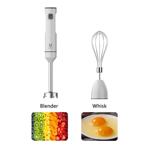 Total Game Changer Cordless Hand Blender With Integrated Whisk For Crushing Smoothies Blending Creamy Soups And Mixing Smooth Milkshakes in white with whisk attachment.