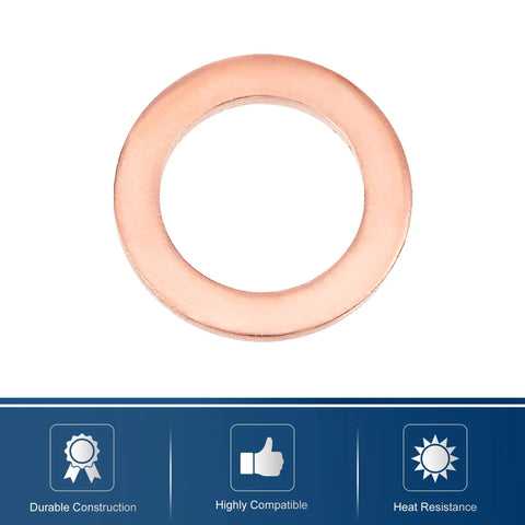 Close-up of a single M8 copper flat washer, 12mm outer diameter, 1mm thick, for automotive and home garage use.