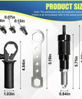 Deaelf Universal Pop Rivet Gun Adapter Kit With Four Interchangeable Guide Nozzles For Quick Riveting Setup showing size measurements of components.