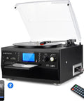 DigitaNow Nine In One Turntable With Speakers 3 Speed Records Player Cd Cassette Radio Bluetooth Aux Usb And Sd Card Support For Vinyl Lovers Black Finish Vintage Style Home Audio System with transparent lid and remote control.