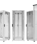 45 U Network Cabinet Server Rack Enclosure Featuring Six Heavy Duty Slide Rails And Two Secure Side Panels, three angles showcased.
