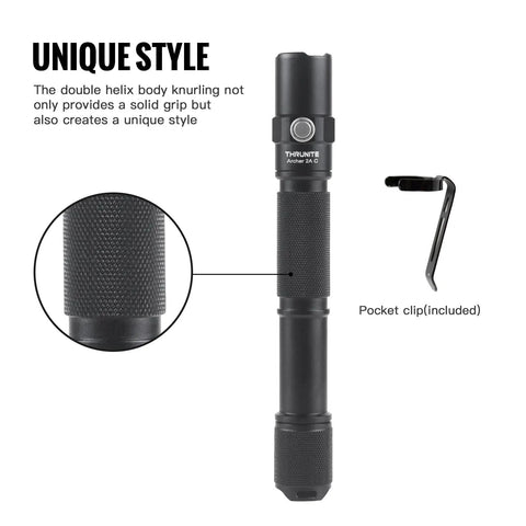 AA USB C Rechargeable Flashlight, 1018 Lumens Cool White Beam with knurling and pocket clip shown