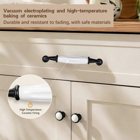 Slick Farmhouse Cabinet Knobs And Pulls Set 12 Piece Hardware Kit Featuring 5 Inch Center To Center Spacing White Ceramic Centers And Matte Black Alloy Bases drawer handle with ceramic top and black alloy end caps.