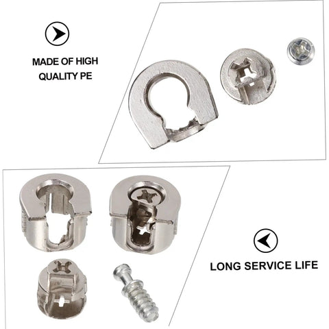 Heavy Duty Eccentric Cabinet Connectors And Screw In Dowel Pins Dead Nuts, metal connectors and screws for sturdy furniture assembly.