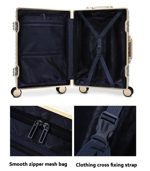 Interior view of Ultralight Aluminum Frame Carry On Luggage With Smooth Spinner Wheels Red 22 Inch Suitcase Durable Scratch Resistant Travel Case For Men Women And Students showing mesh bag and fixing strap.