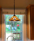 Tiffany Style Pendant Light 12 Inch Wide Amber Cream Stained Glass Shade With Adjustable Chain Hanging Lamp for Kitchen
