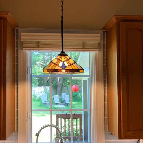 Tiffany Style Pendant Light 12 Inch Wide Amber Cream Stained Glass Shade With Adjustable Chain Hanging Lamp for Kitchen