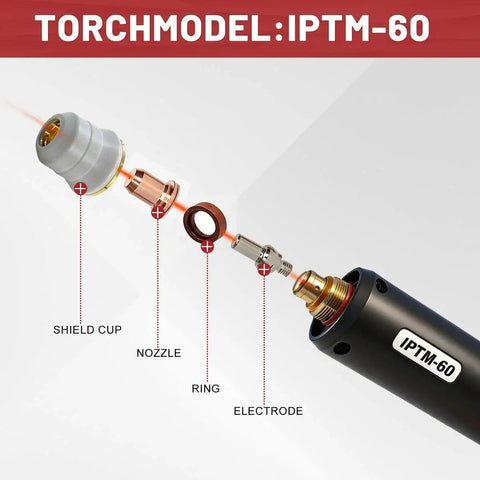 Exploded view of IPTM60 CNC Plasma Torch Kit For PT60 Systems showing parts labeled as shield cup, nozzle, ring, and electrode.