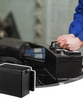 Bulletproof 3 Pack Breakaway Battery Box For Trailers And Travel Trailers Lockable Spare Battery Case in use, showing durable weatherproof material.