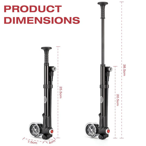 High Pressure Bike Shock Pump 300 PSI With Gauge in two sizes, showing product dimensions and measurements in black finish
