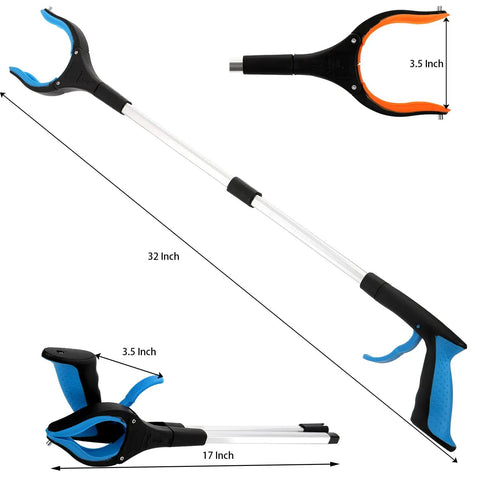 3 Pack Foldable Reacher Grabber Tool Set For Elderly, 32 Inch Reach With Rotating Rubberized Head, Litter Picker And Garden Nabber, Trash Pickup Tool, Handy Grabber In Blue Orange Green