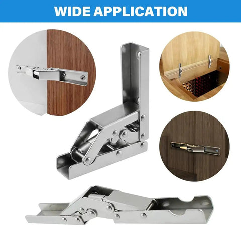 Heavy Duty Folding Shelf Brackets With Self Locking Hinges 2 Pack Hidden Screws in use on cabinets and furniture DIY projects