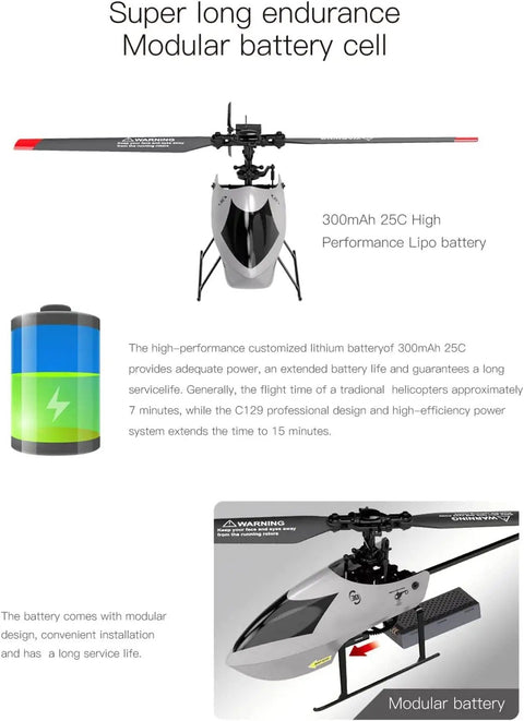 C129 V2 4 Channel RC Helicopter Easy To Fly With 6 Axis Gyro showing 300mAh battery and modular design