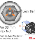 Chrome Lug Nut Covers 33mm With Flange For Semi Trucks, Push-On Fit, Classic Height 2.5 Inches, 60 Pack, locking bars design