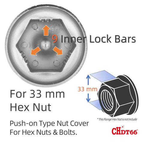Chrome Lug Nut Covers 33mm With Flange For Semi Trucks, Push-On Fit, Classic Height 2.5 Inches, 60 Pack, locking bars design