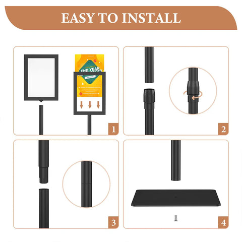 Heavy Duty 11x17 Standing Sign Holder With Adjustable Pedestal assembly steps showing frame, pole, and base