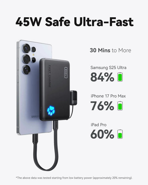 Compact 10000mAh Power Bank Featuring 45W Fast Charging Portable Charger powering Samsung S25 Ultra with USB-C cable
