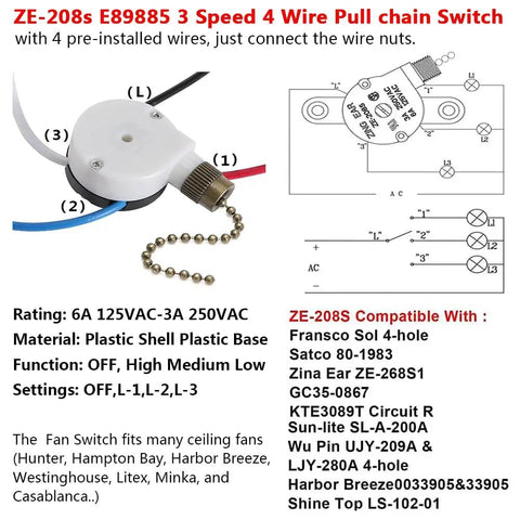 Ceiling Fan Pull Chain Switch 3 Speed 4 Wire Replacement Part ZE208s Model Bronze Chain No Fuss Off High Medium Low 6A 125VAC 3A 250VAC