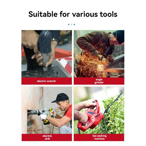 Various tools including electric wrench, angle grinder, electric drill, tea-picking machine showcasing versatility of Top Tier Brushless Lithium Angle Grinder Controller Board Multi Function Upgrade.